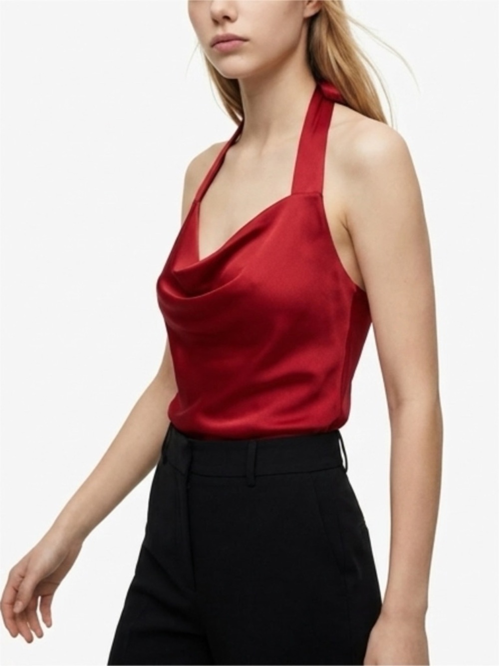 Anthropologie Red Satin Cowl-Neck Halter Top Size 2